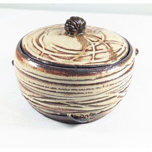 Handmade pottery lidded bowl with bugs, wheel thrown ceramic art storage jar in